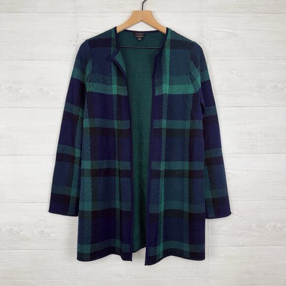 Talbots Pure Merino Wool Cardigan Large Green Tartan Plaid Preppy Open Front - Picture 1 of 15